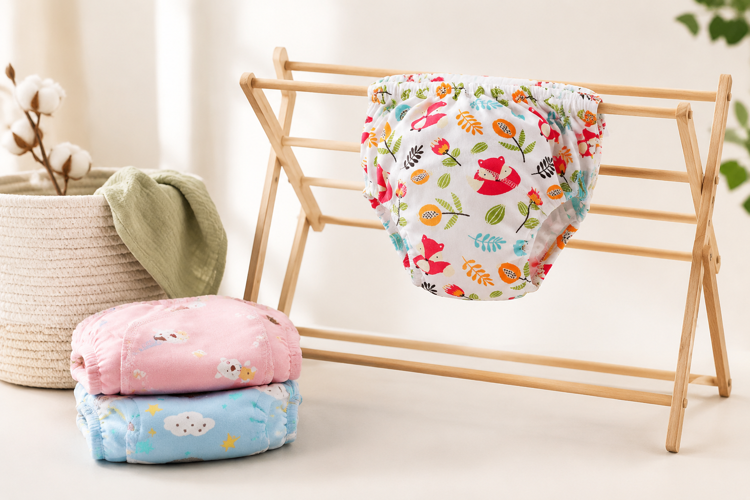 Washable training pants on a drying rack
