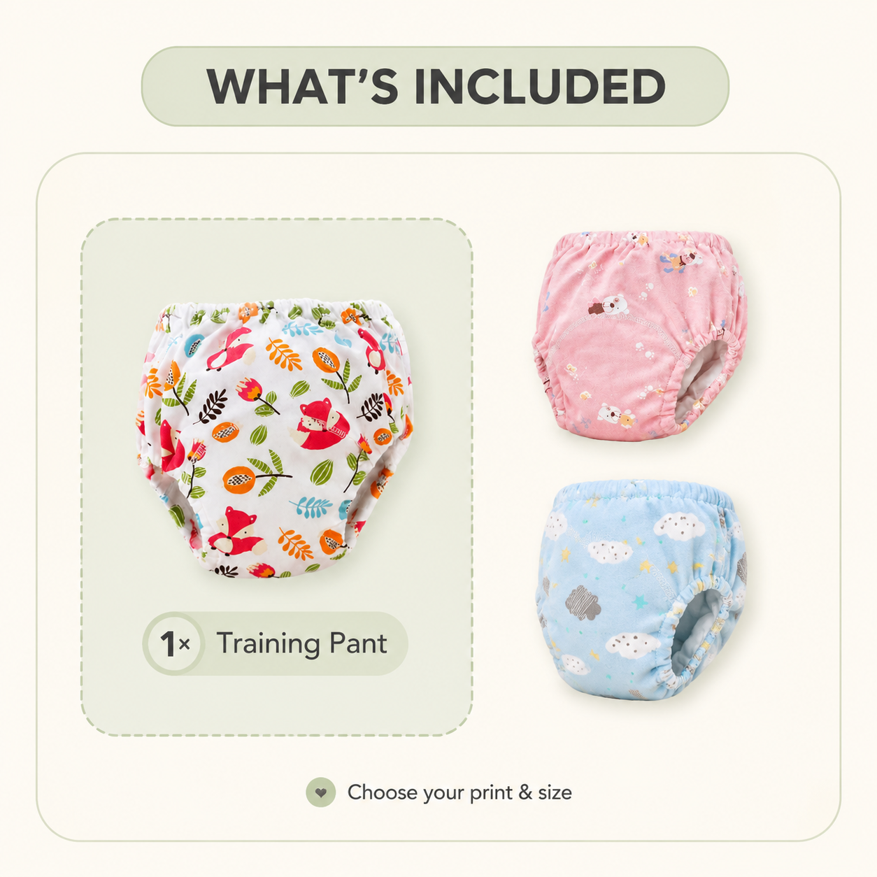 What is included: one Toyella potty training pant in the selected print and size