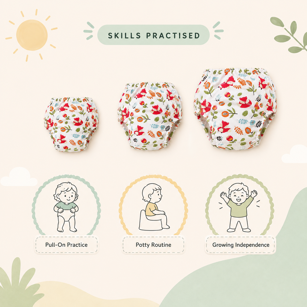 Pull-on practice, potty routine and growing independence skills