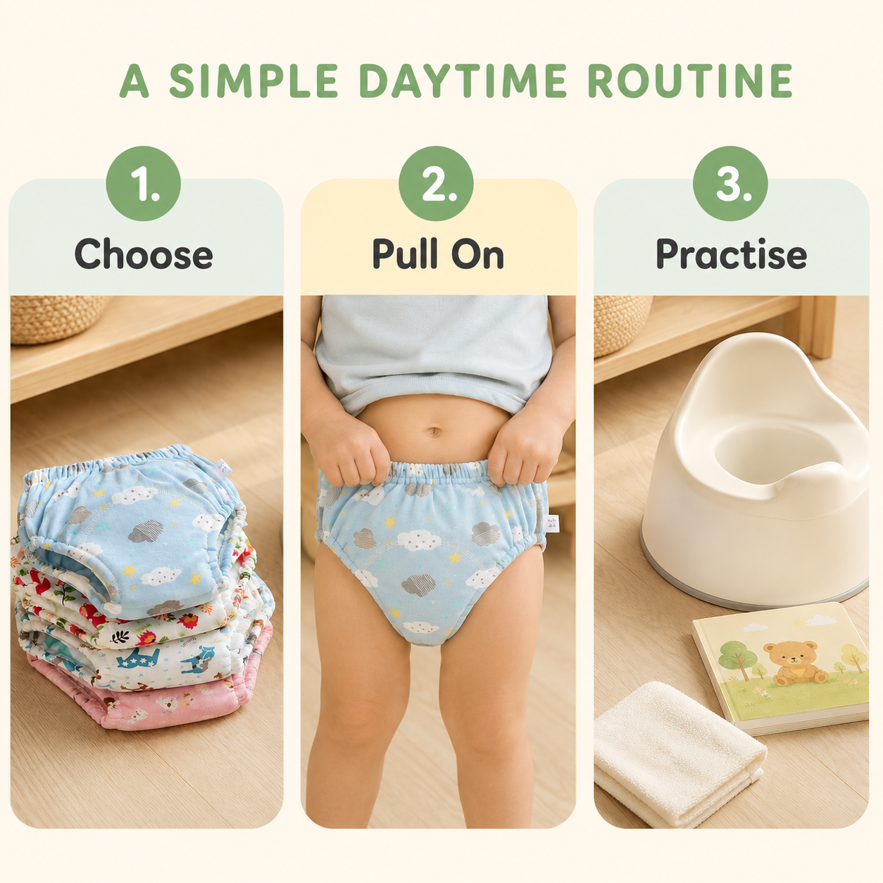 Three-step daytime potty training routine: choose, pull on and practise