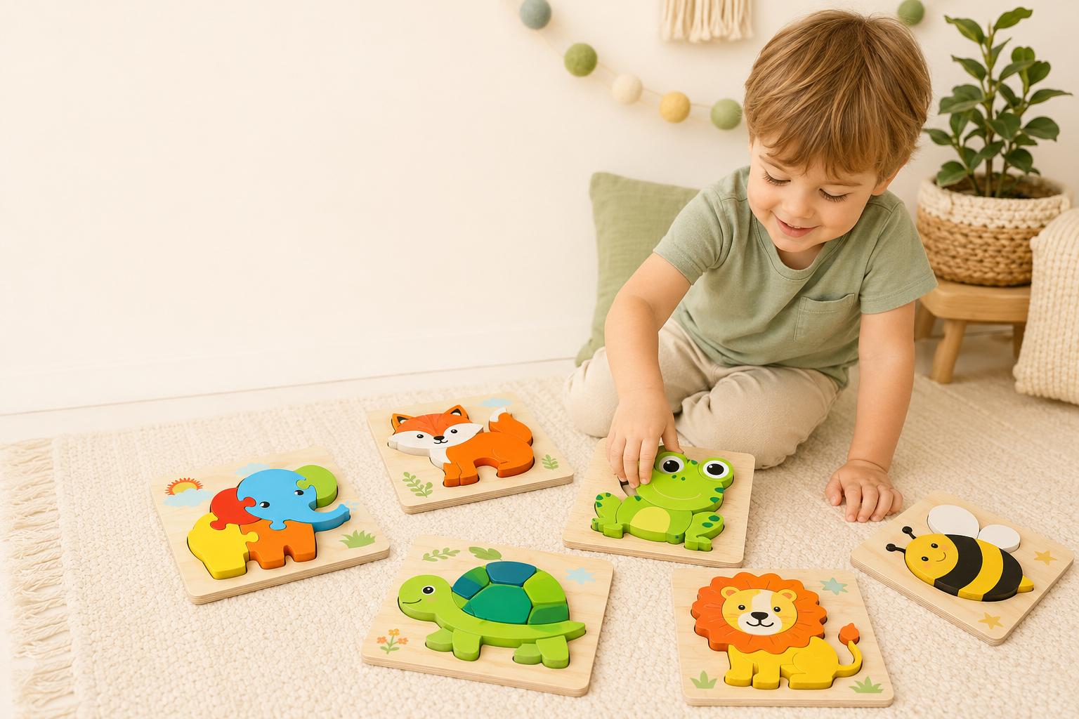 Child enjoying colourful wooden puzzles during floor play