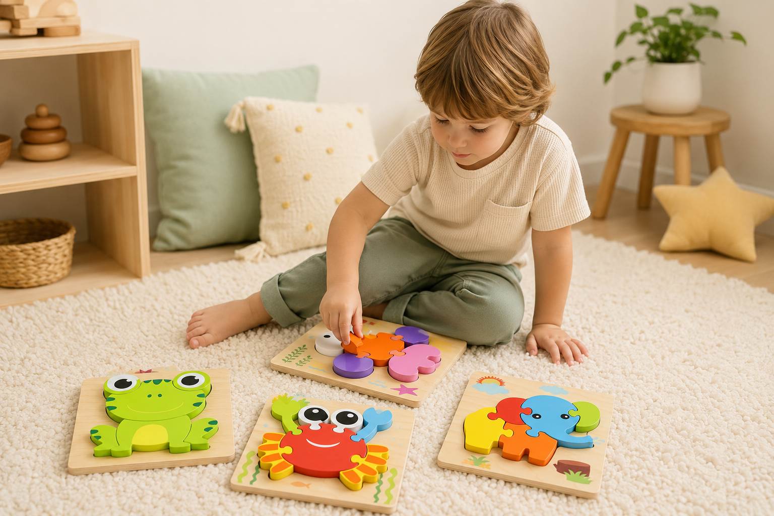 Child matching a colourful fish wooden puzzle