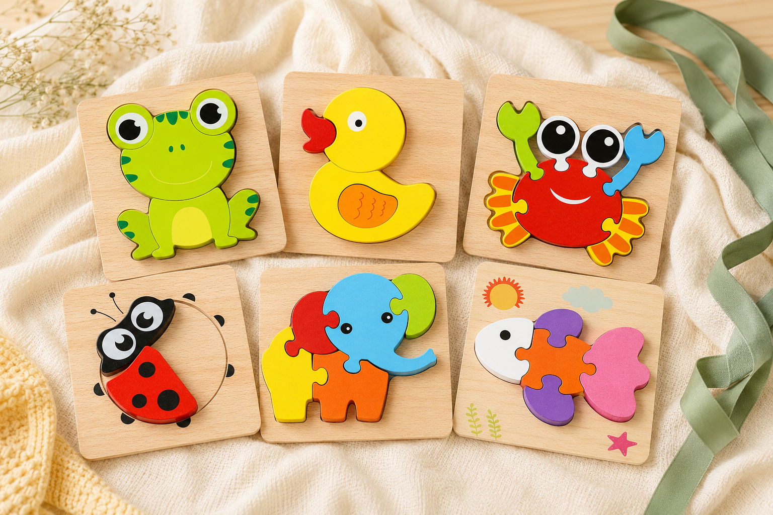 Six wooden animal puzzles arranged on soft fabric