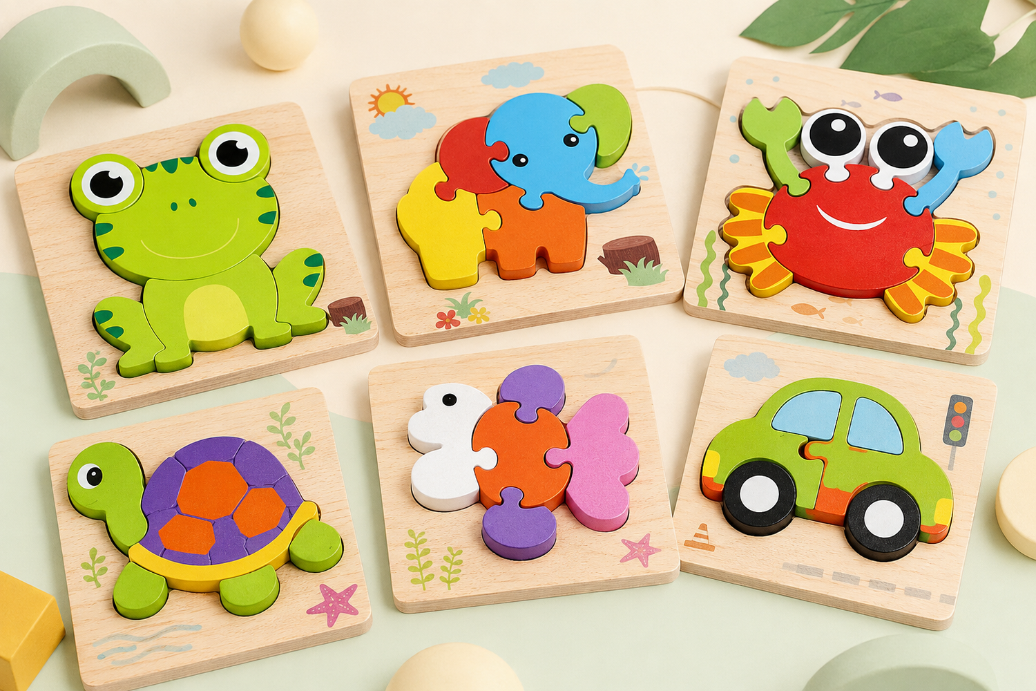 Six colourful wooden animal and vehicle puzzles