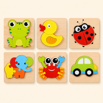 Toyella wooden puzzle designs arranged on a table