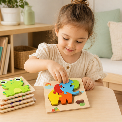 Child enjoying a wooden shape puzzle at home