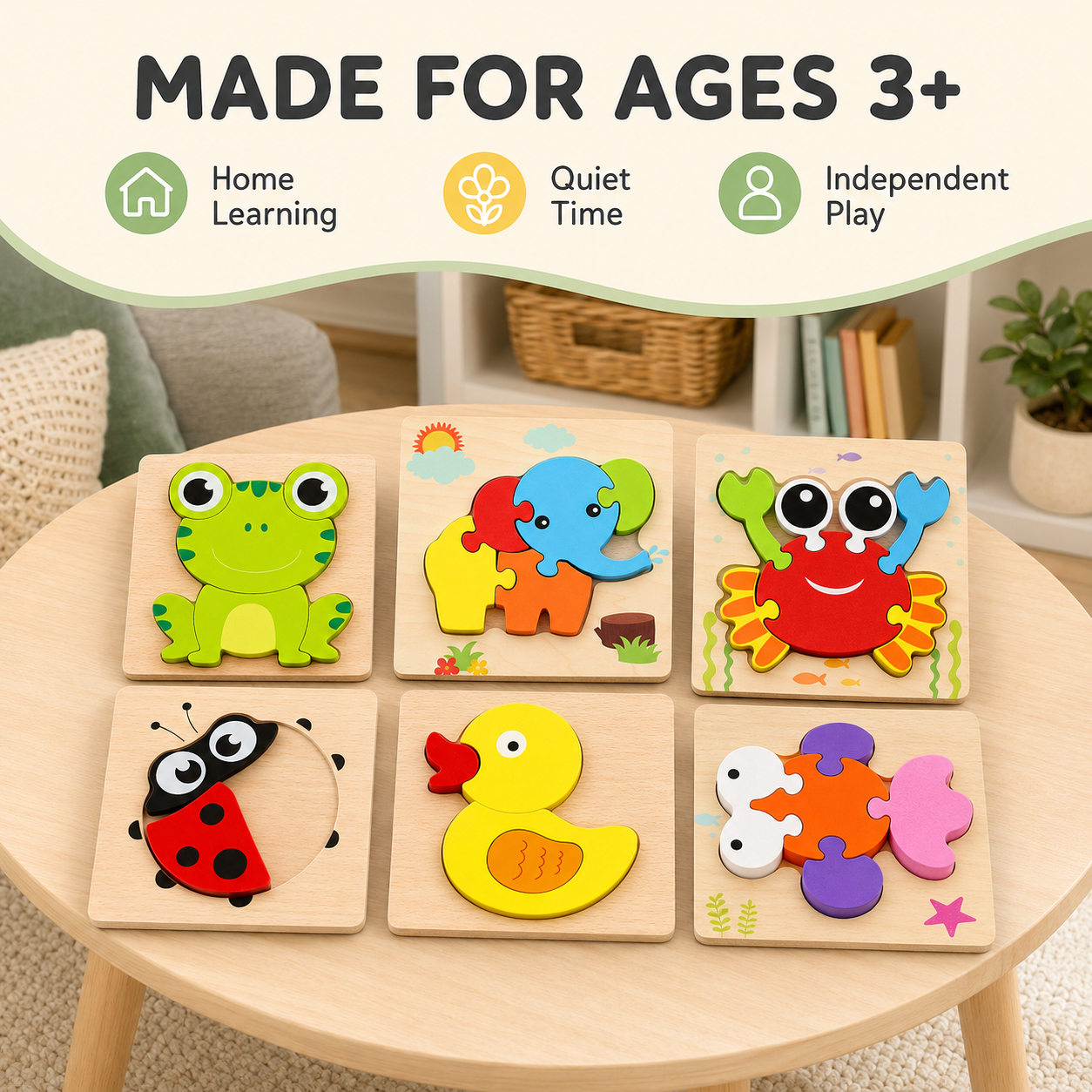 Wooden puzzle age guidance for children aged three and over